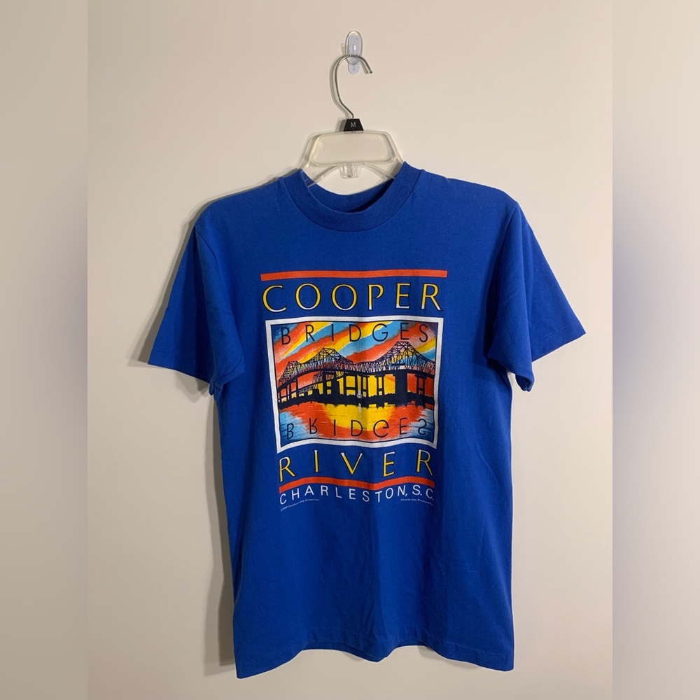 Vintage 1989 Charleston, SC Cooper River Bridge single stitch blue t-shirt EUC